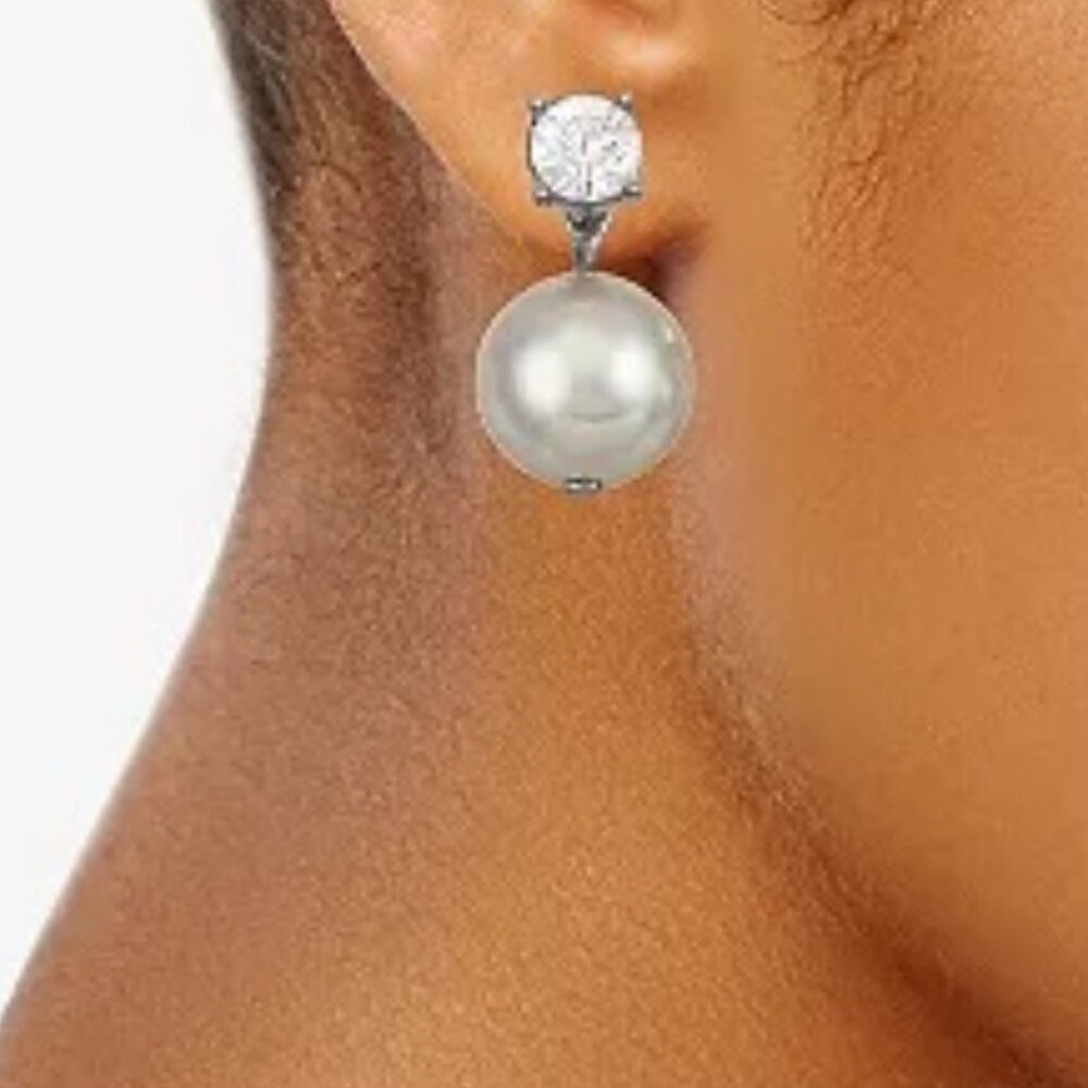 VERA WANG Mod/Contemporary Gunmetal Clear Crystal/Pearl Front Back Drop Earrings - Picture 2 of 2
